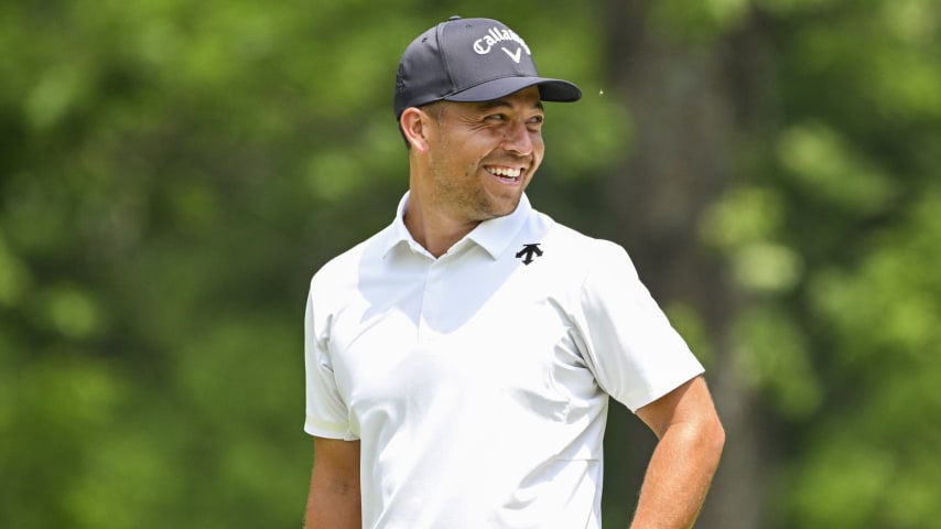 Xander Schauffele smiles on the eighth hole green during the first round of the 106th PGA Championship at Valhalla Golf Club on May 16, 2024, in Louisville, Kentucky. (Keyur Khamar/PGA TOUR via Getty Images)